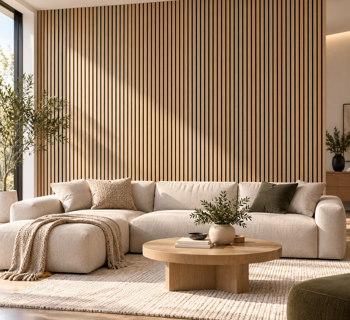 Sand Oak acoustic slat feature wall in a living room - styled visualization