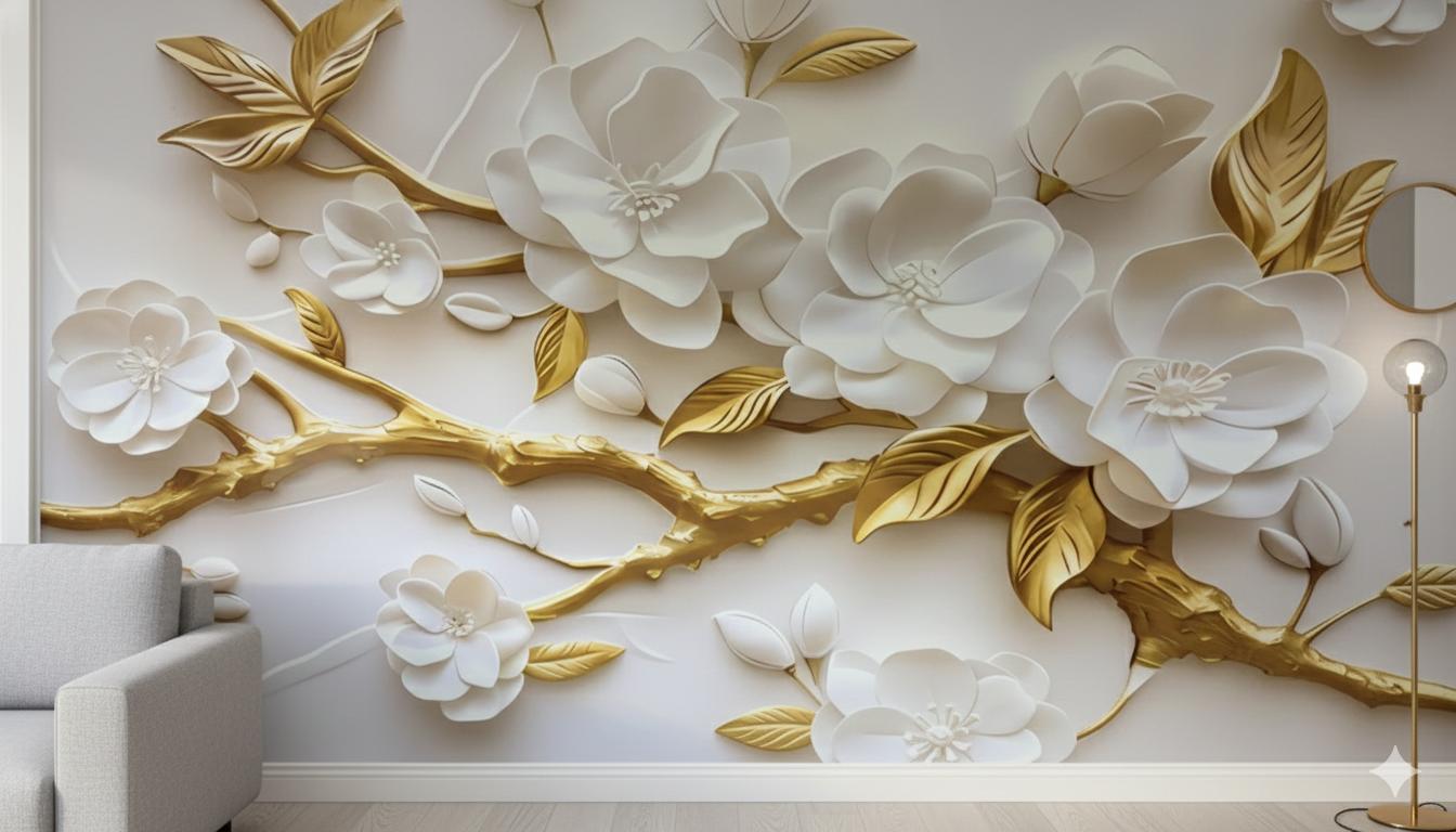 Decorative wall mural with white flowers and gold leaves in a living room setting.