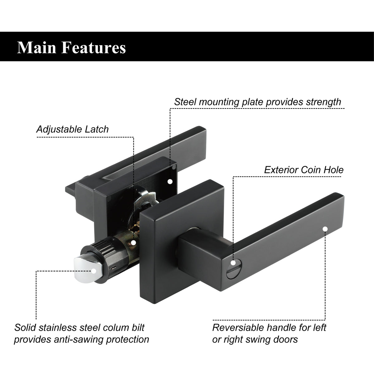 A1 Choice Square Privacy Door Lever, Matte Black