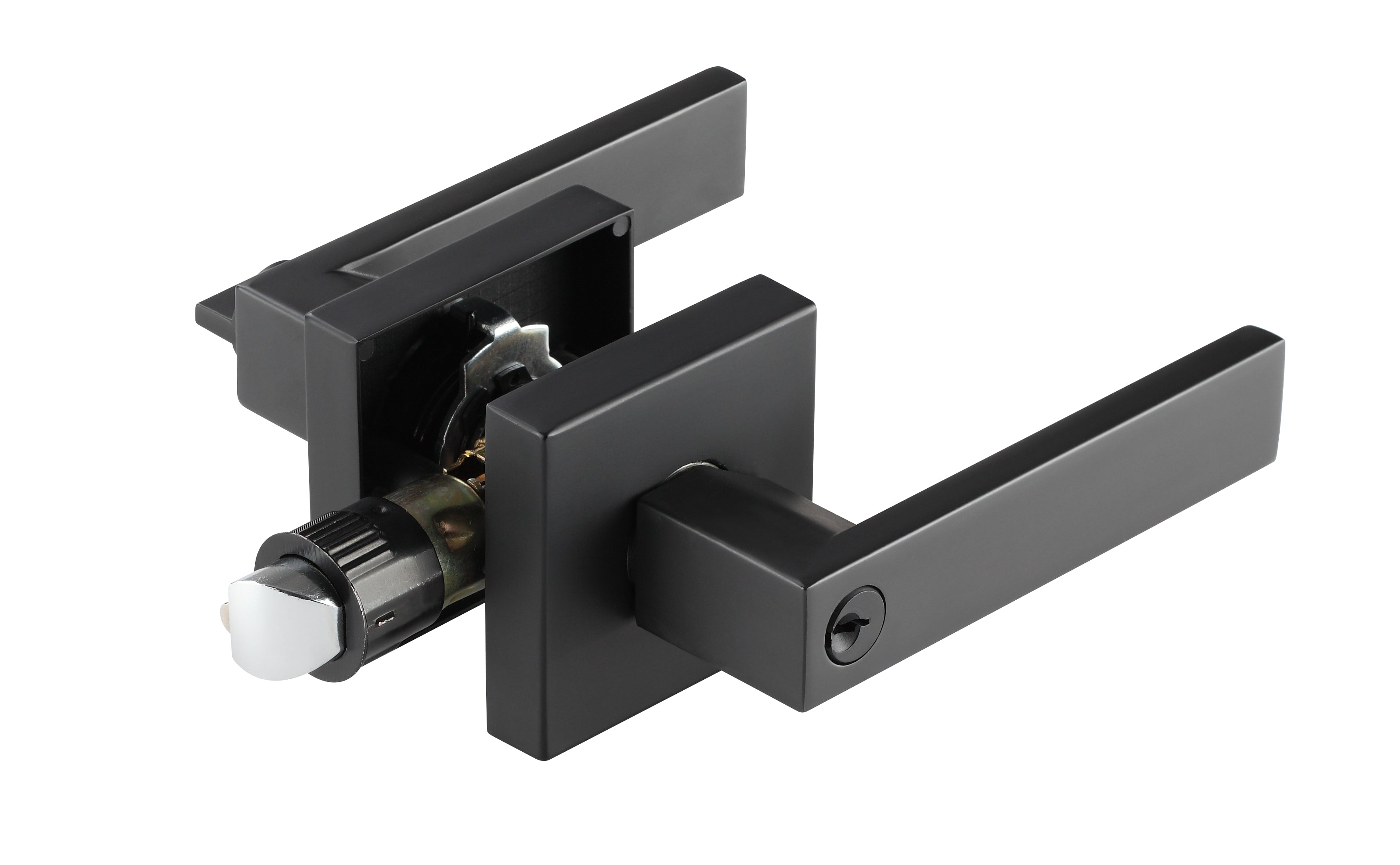 Square black lever handle with 3 key lock set – modern black door lock with key for bedrooms and offices.