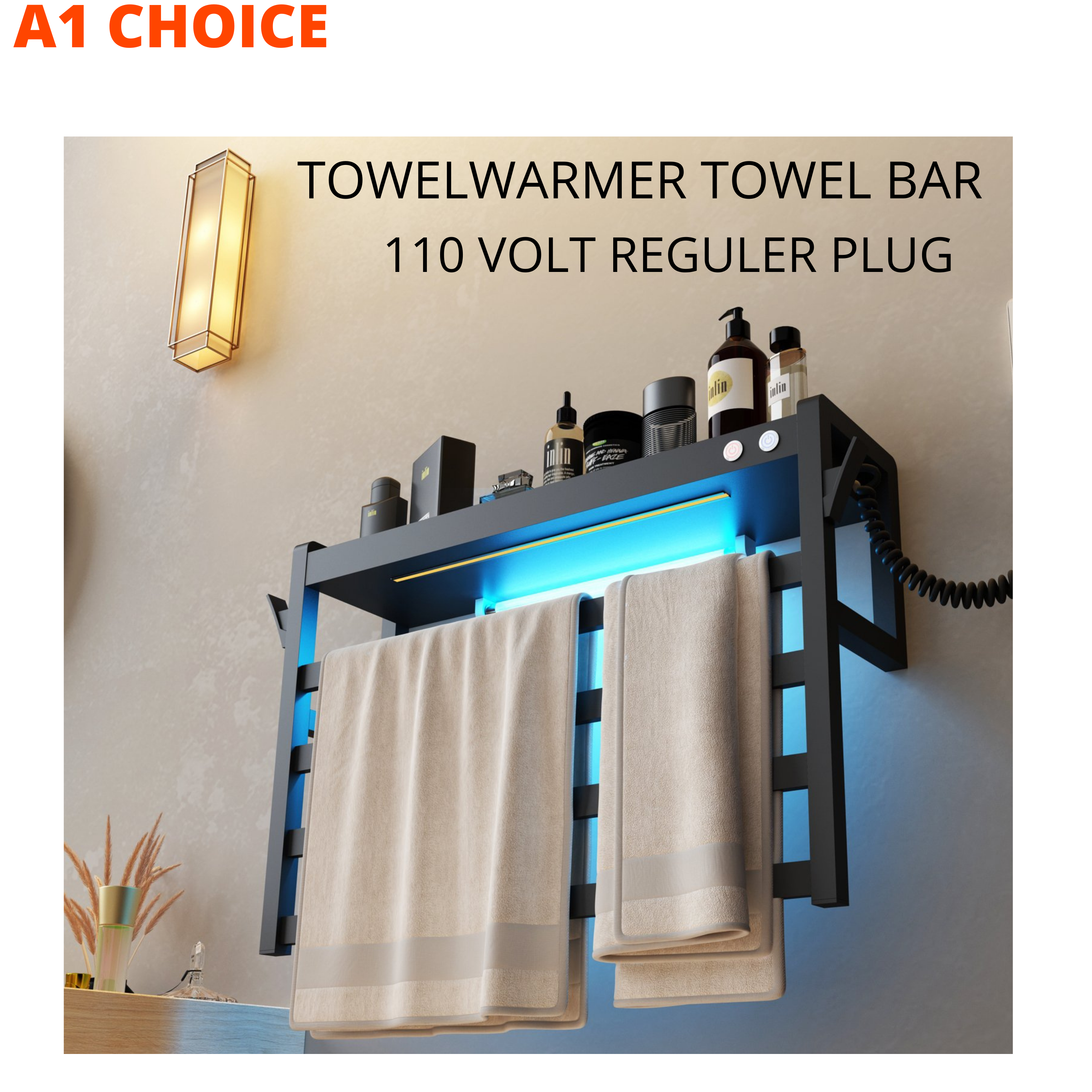 A1 Choice 4 Bars Wall Mounted Electric Towel Warmer With Light & Shelf (Black) 24 INCH