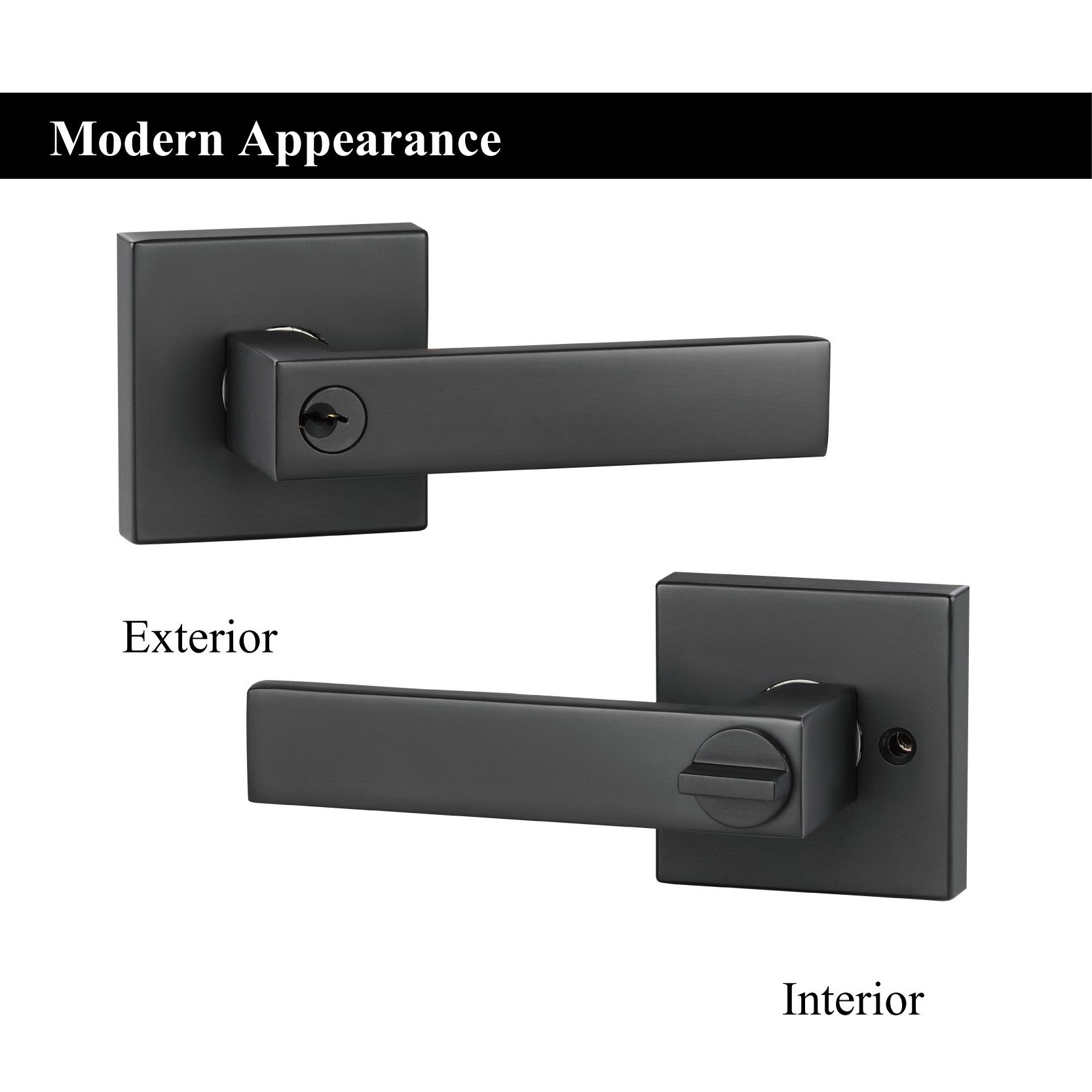 Square black lever handle key lock – modern black door lock with key for bedrooms and offices. fornt and back side