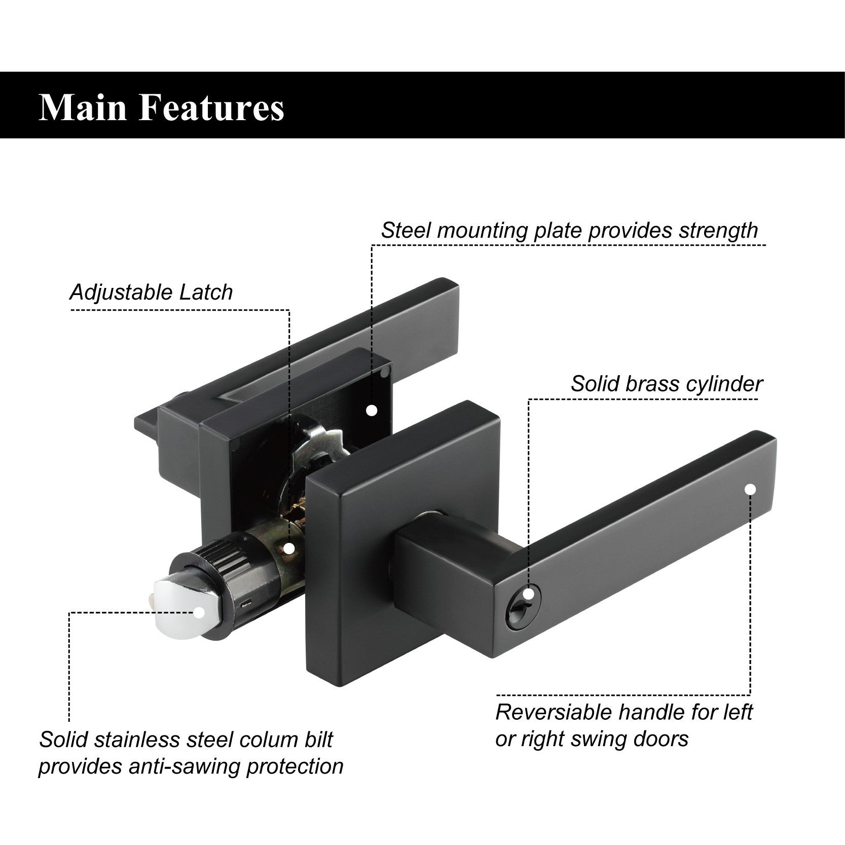 main feature Square black lever handle key lock – modern black door lock with key for bedrooms and offices. adjustable latch . soild brass cylinder.steel plate