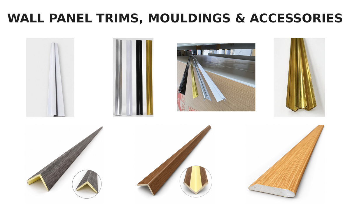 PVC and WPC wall panel trims, mouldings and accessories featuring center joints, inside and outside corner trims, edge profiles and wood-look baseboards in various finishes.