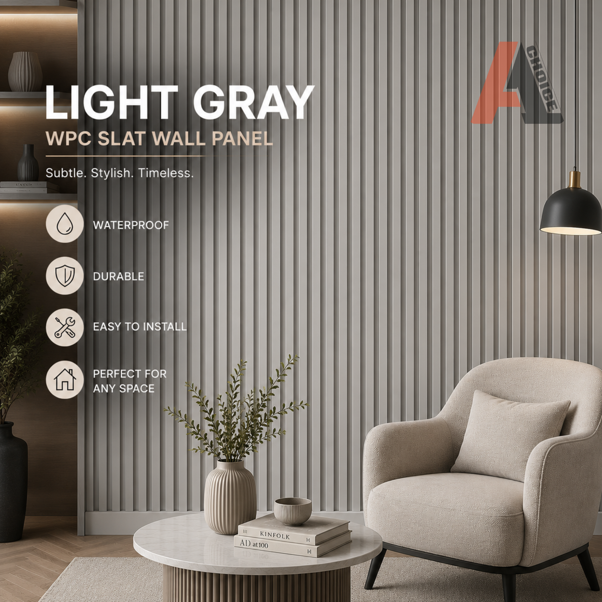 Light Grey WPC Slat Wall Panel | Fluted Decorative Wall Panel 6 Inch x 9.7 Ft