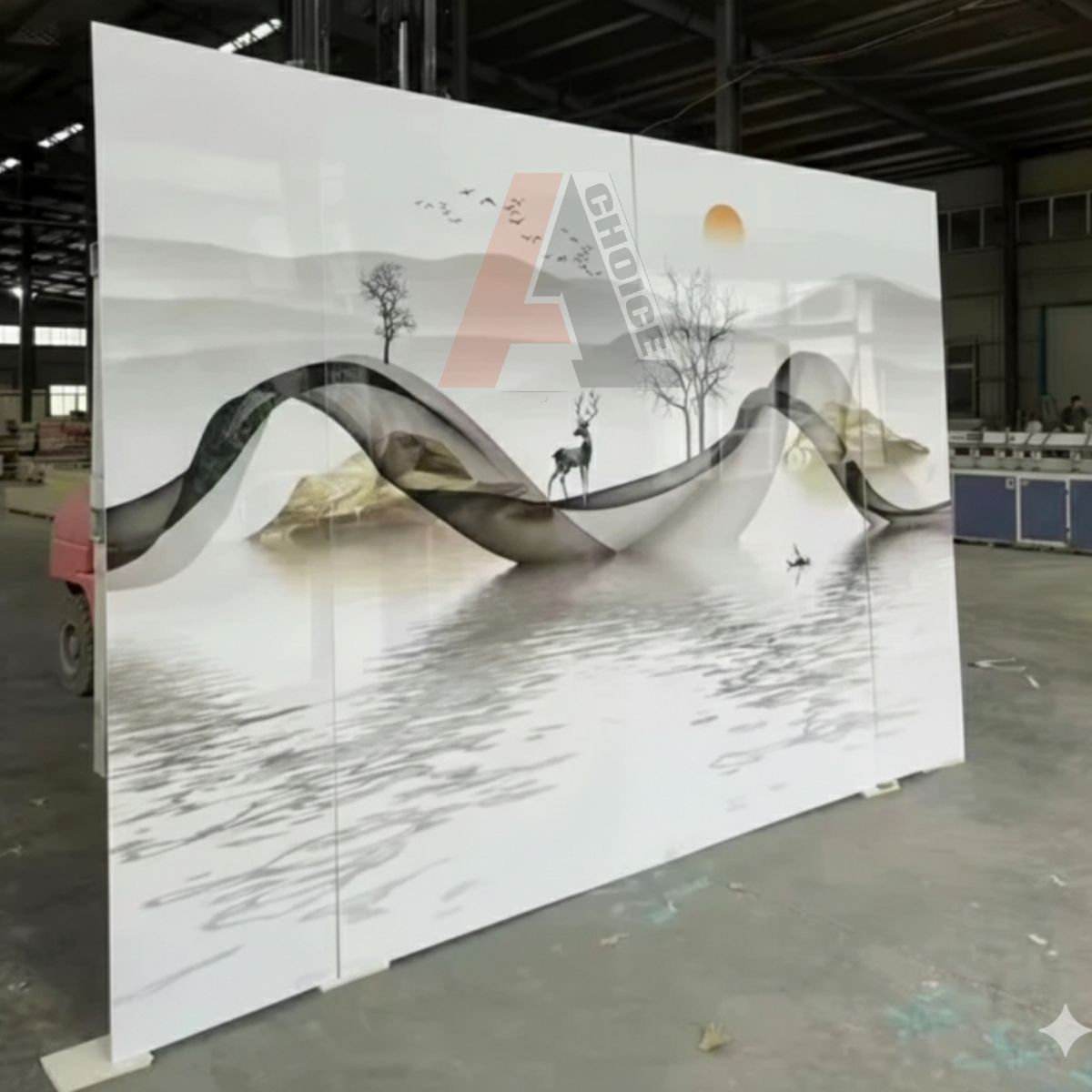 3D landscape UV marble sheet glossy PVC wall panel with deer, mountains, abstract wave design and water reflection mural