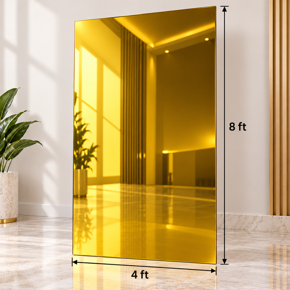 Glossy gold mirror finish PVC wall sheet measuring 4 ft wide × 8 ft high, featuring a reflective metallic gold surface with size measurements, ideal for luxury feature walls and modern interior décor.