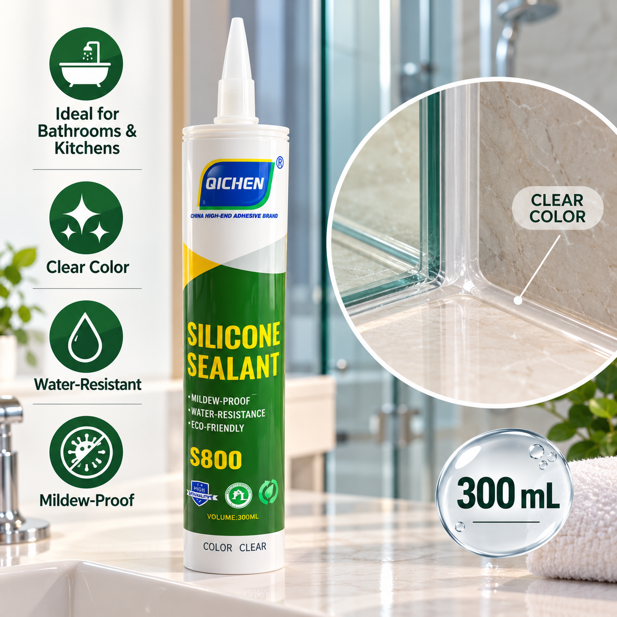QICHEN S800 clear silicone sealant displayed in a modern bathroom with a transparent silicone joint around a glass shower enclosure.