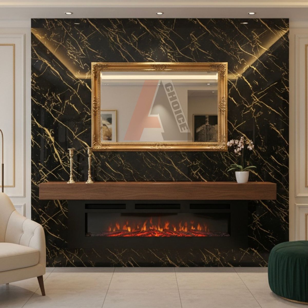 Black and Gold PVC Marble Sheet installed in a living room Behind the Fireplace area 