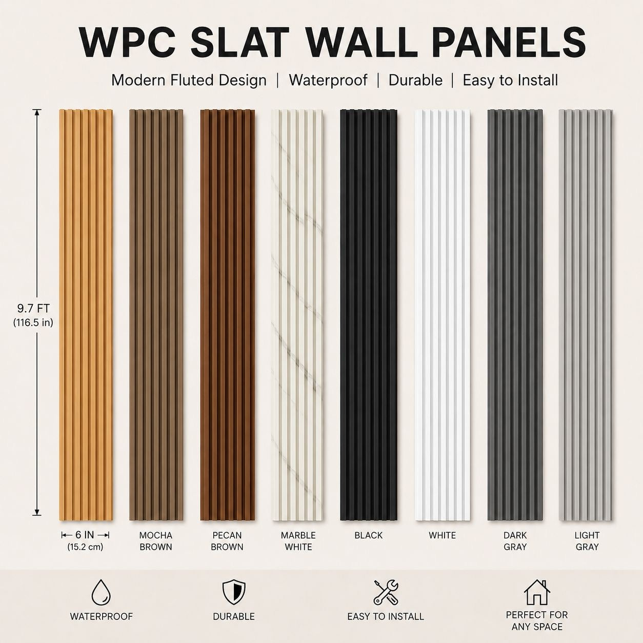 Light Grey WPC Slat Wall Panel | Fluted Decorative Wall Panel 6 Inch x 9.7 Ft
