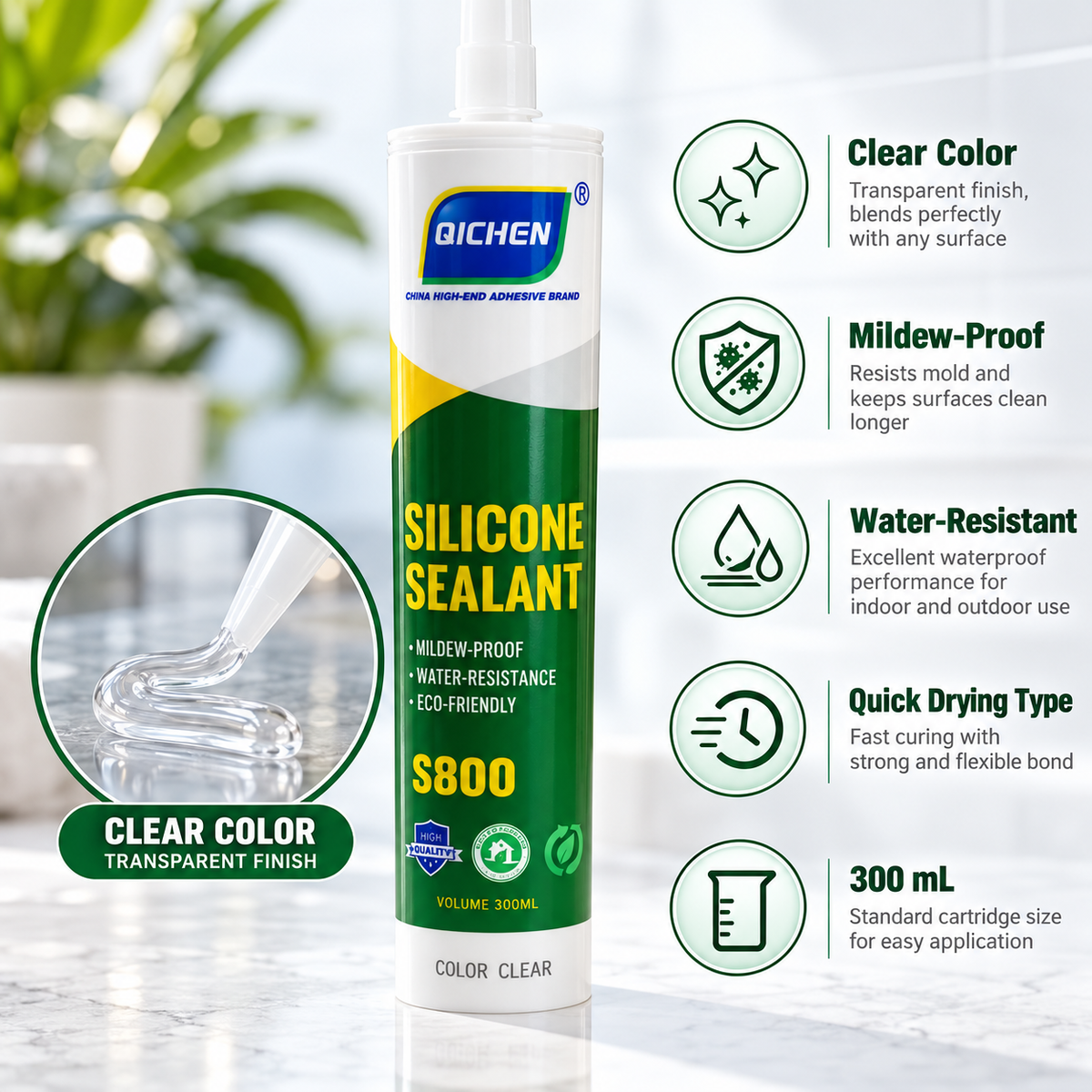 QICHEN S800 clear silicone sealant 300 mL showing water-resistant and mildew-resistant features for glass, ceramic tiles, windows and bathroom joints.