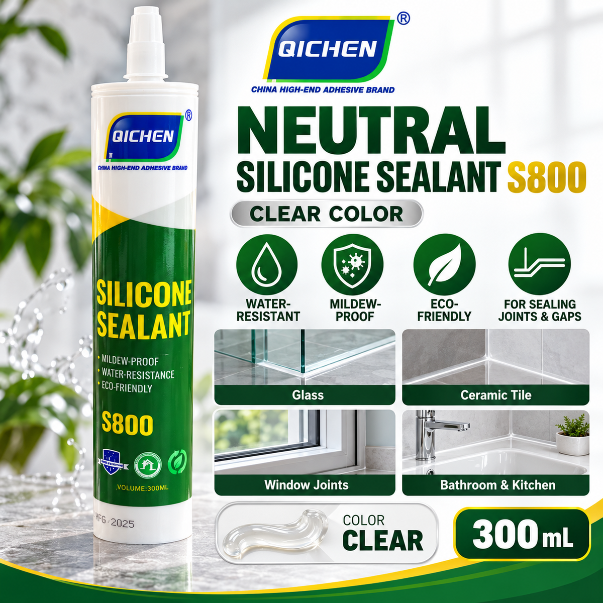 QICHEN S800 clear neutral silicone sealant 300 mL cartridge showing transparent finish, mildew resistance, water resistance and quick-drying features.