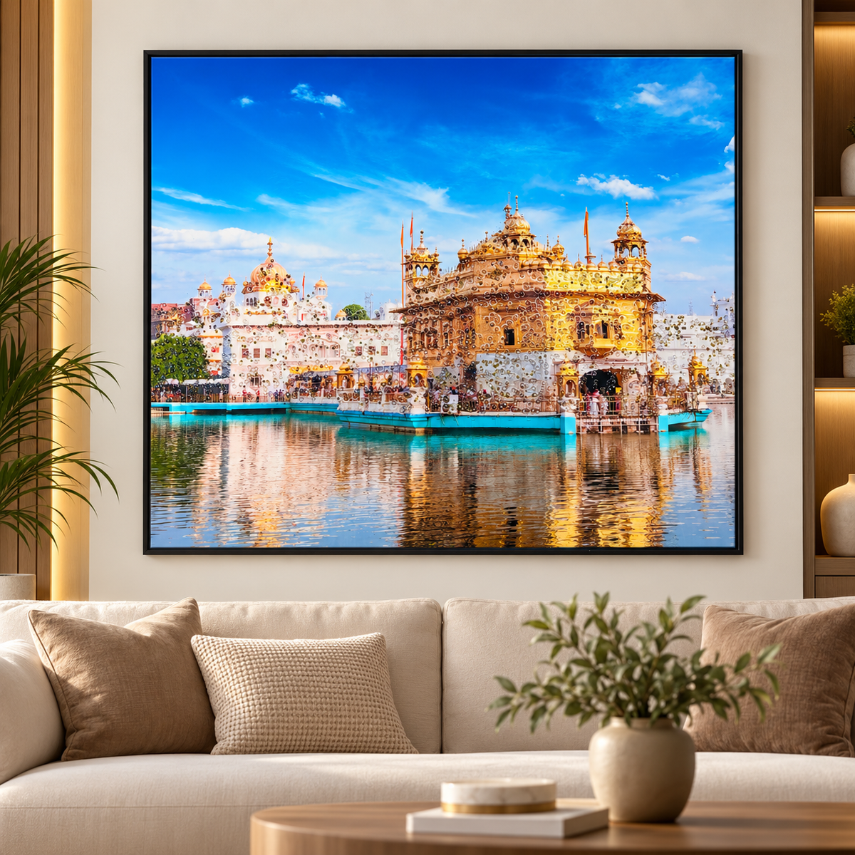Golden Temple epoxy and glitter wall art displayed above a modern living room sofa, framed Harmandir Sahib painting