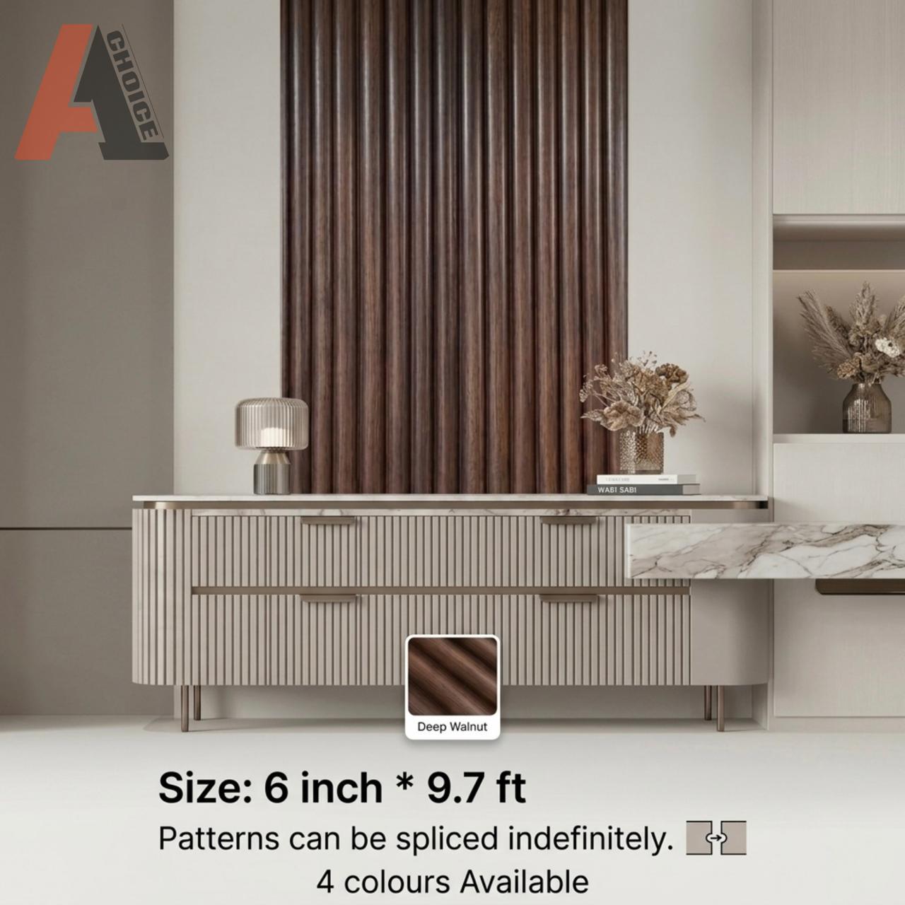 Deep Walnut Tambour Style WPC slat wall panel installed on a wall