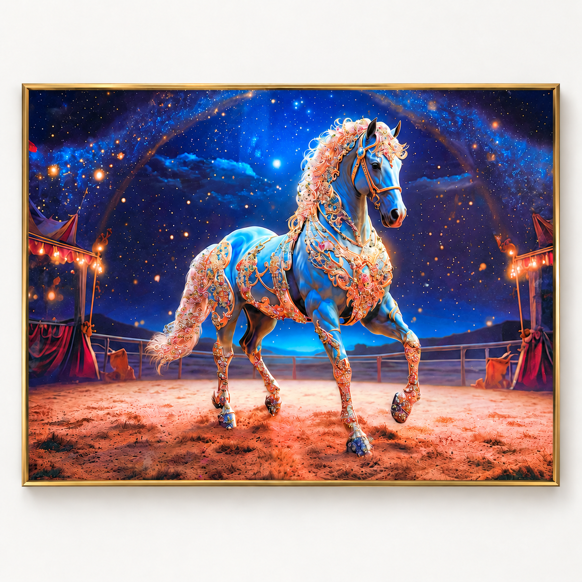 Luxury blue horse wall art with gold frame, epoxy and glitter handwork, 32 x 23.5 inch decorative horse painting