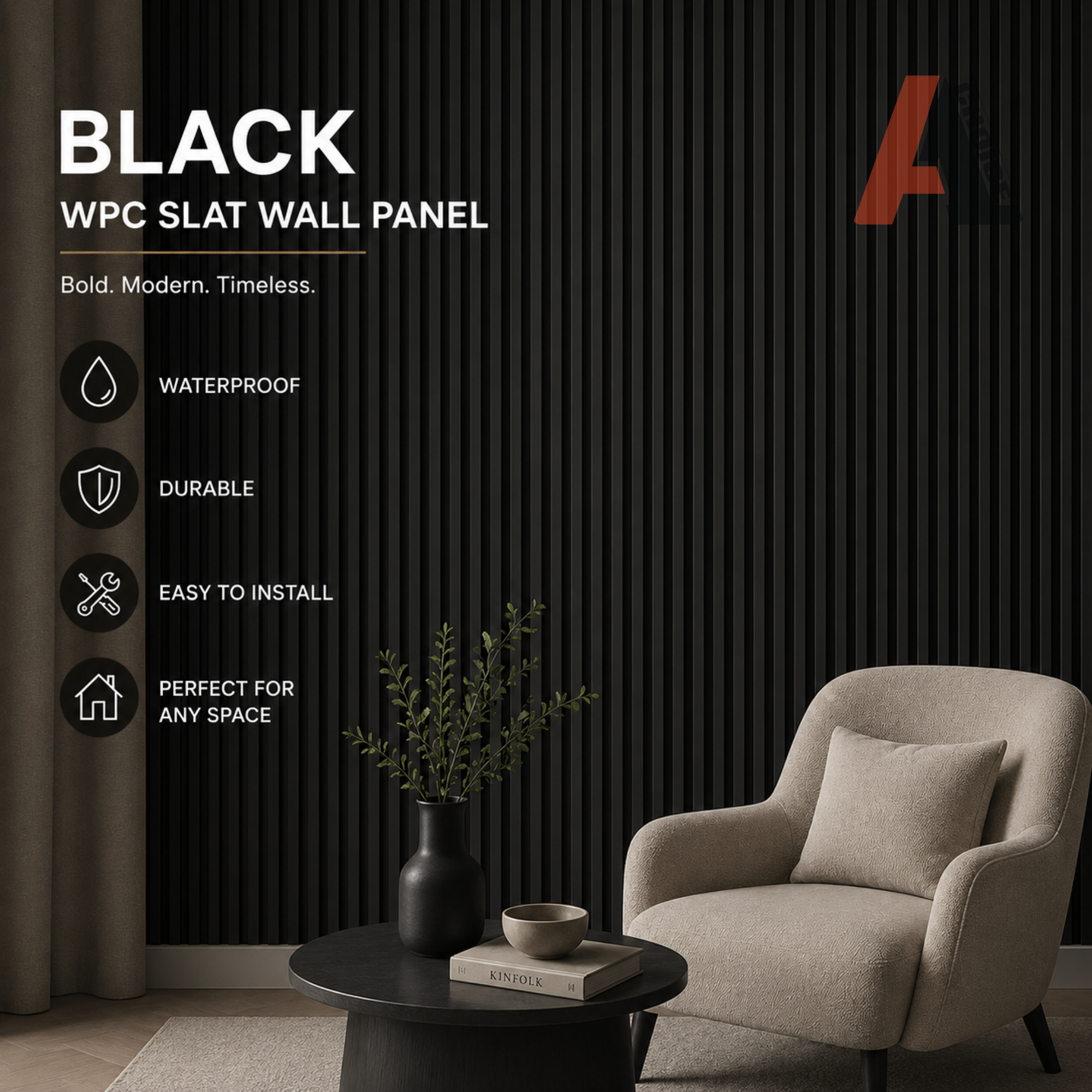 Black WPC Slat Wall Panel | Modern Fluted Wall Panel 6 Inch x 9.7 Ft