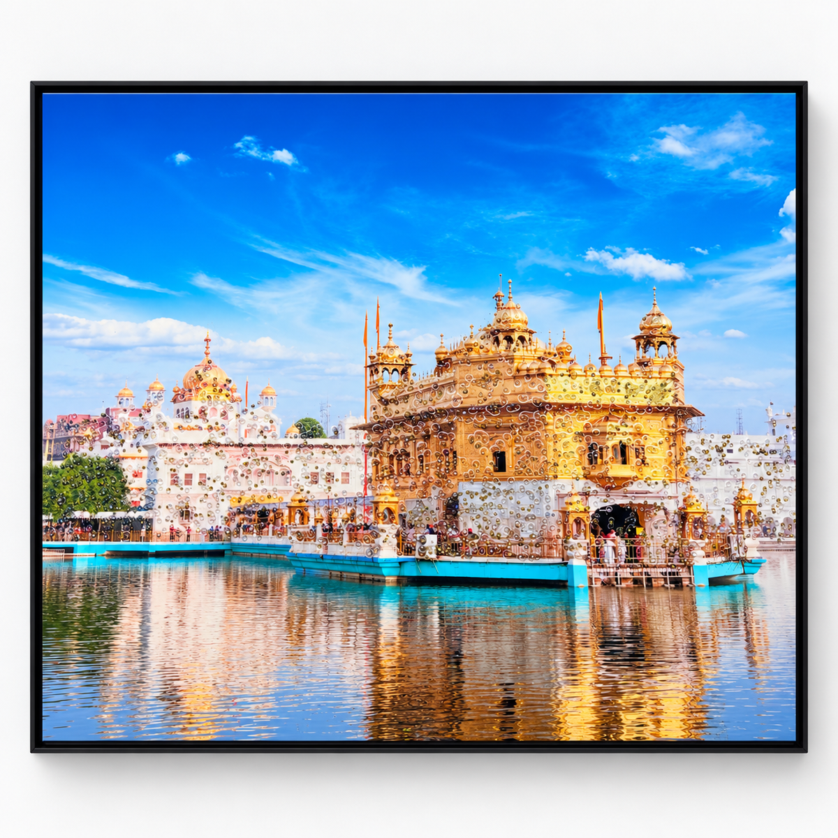 36 inch wide by 32 inch high Golden Temple digital painting with handcrafted epoxy and glitter detailing and black frame