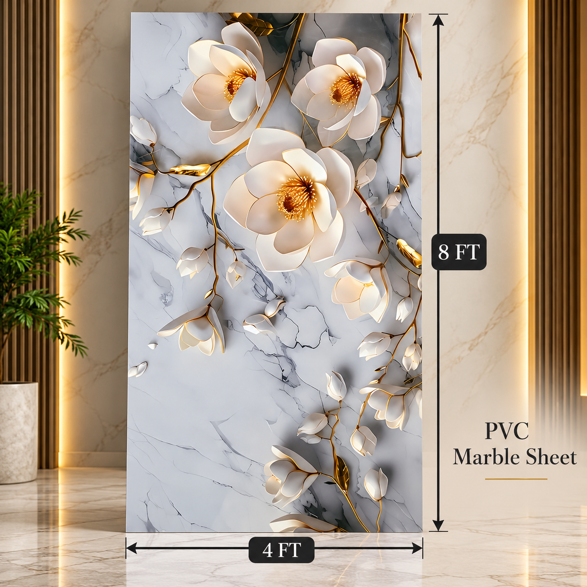 A 4x8 foot PVC marble wall panel featuring a white magnolia floral design with gold accents on a light gray marble background, shown with dimension markers in an interior setting.