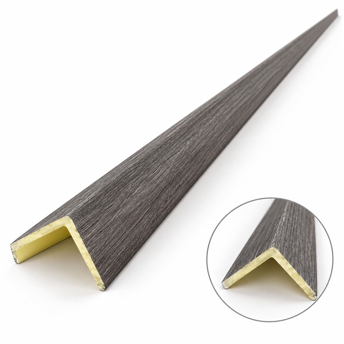 Gray wood-look L-shaped outside corner moulding for wall panels