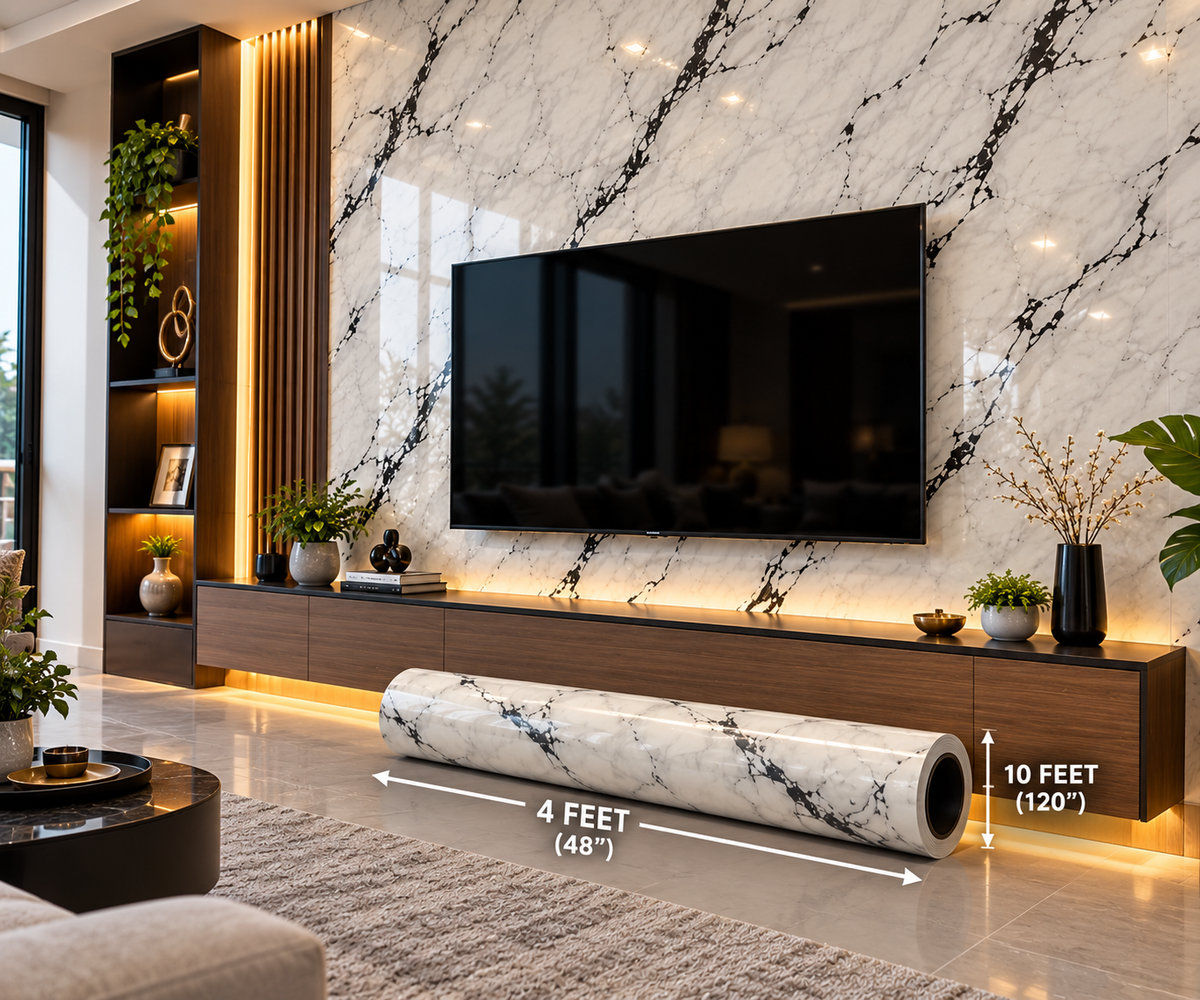White & Black Marble Peel and Stick Wall Panel Roll – 4 ft x 10 ft