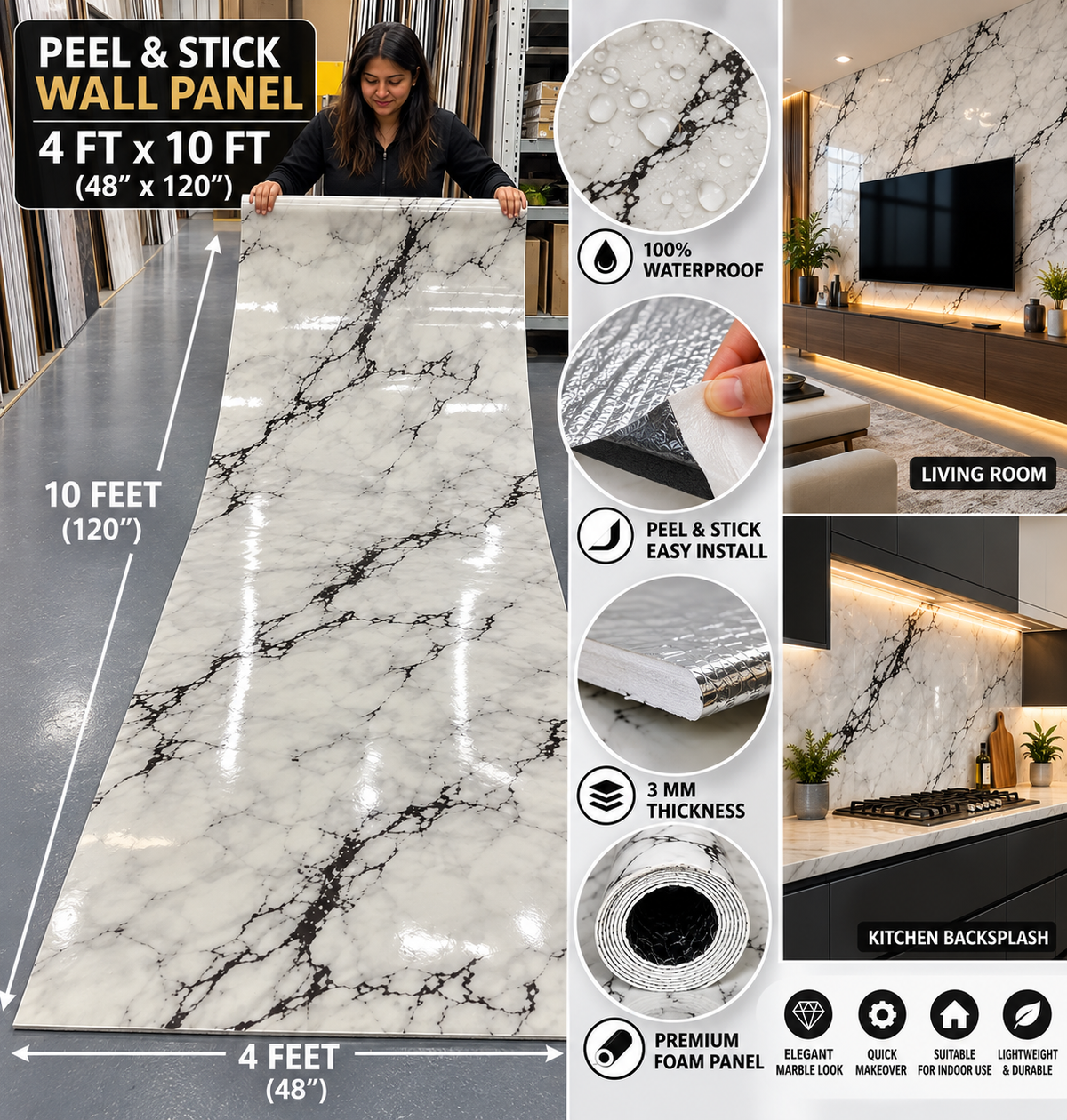 White & Black Marble Peel and Stick Wall Panel Roll – 4 ft x 10 ft