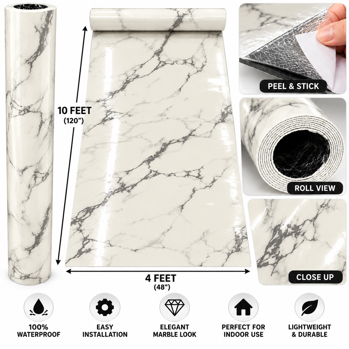 White & Grey Marble Peel and Stick Wall Panel Roll – 4 ft x 10 ft