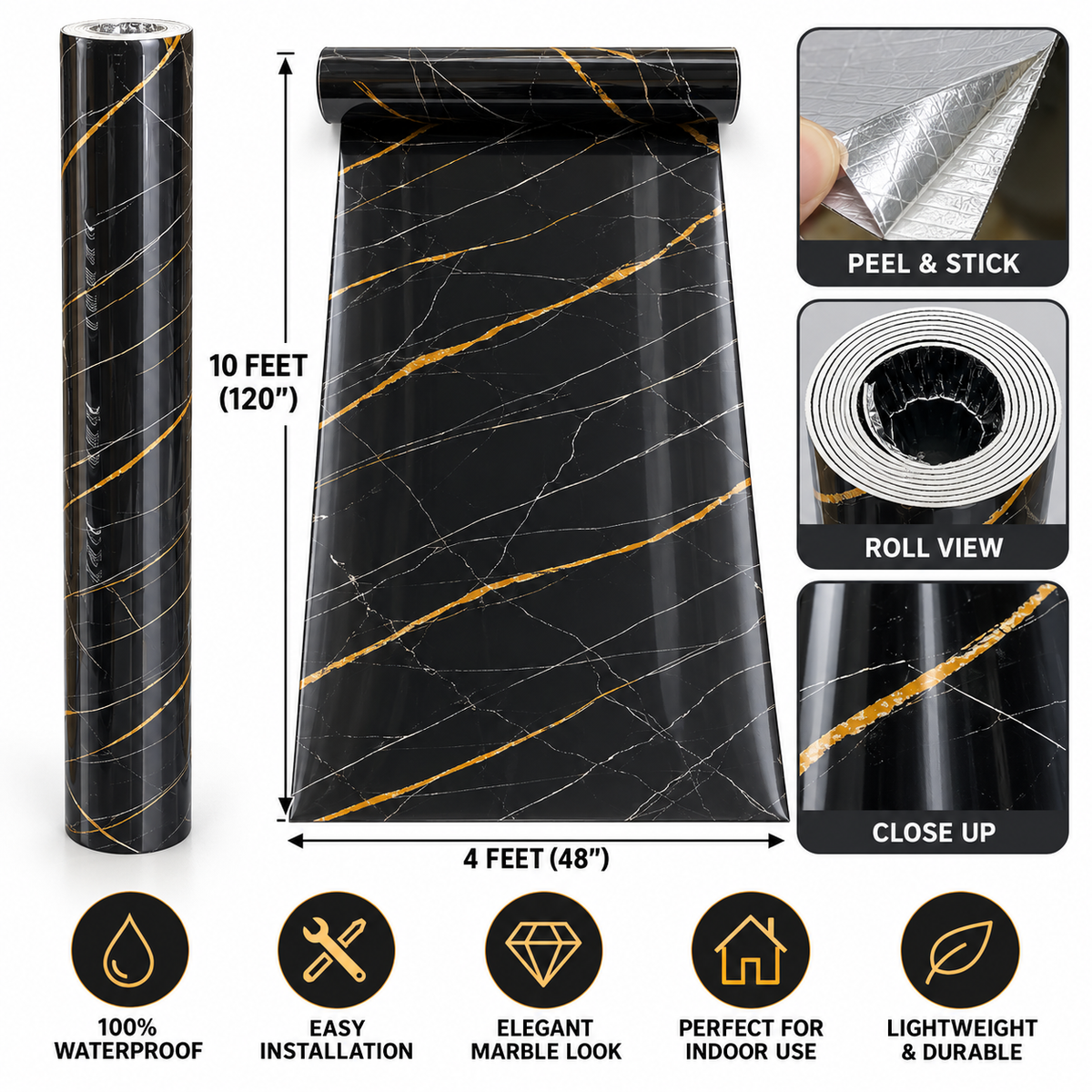 Black & Gold Marble Peel and Stick Wall Panel Roll – 4 ft x 10 ft