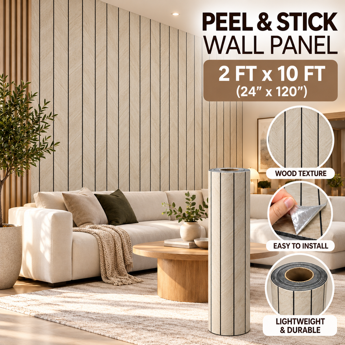 Peel & Stick Wood Look Wall Panel – Light Oak with Black Lines | 2 FT × 10 FT