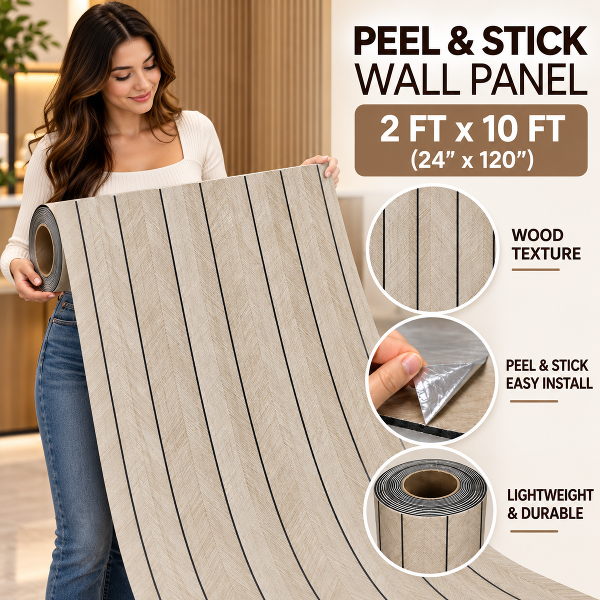 Peel & Stick Wood Look Wall Panel – Light Oak with Black Lines | 2 FT × 10 FT