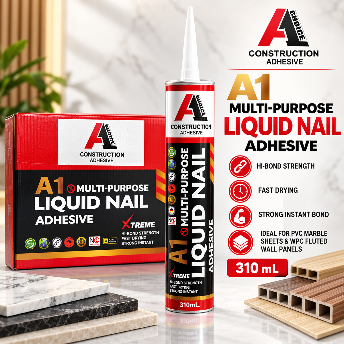 A1 Choice Multi-Purpose Liquid Nail Construction Adhesive 310 mL cartridge with product box, strong bonding and fast drying.