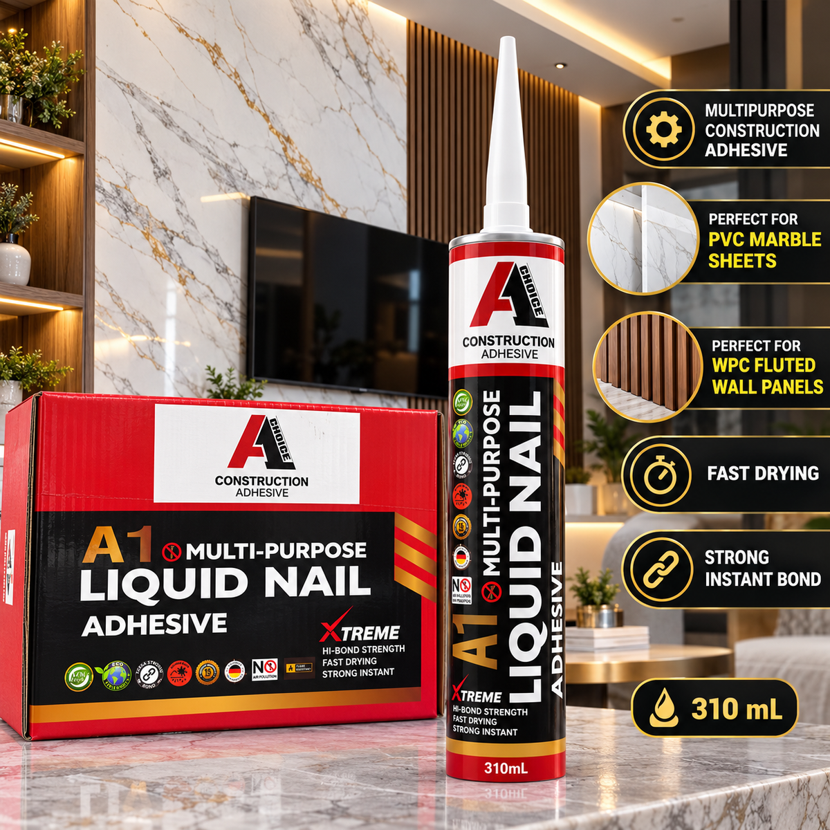 A1 Choice 310 mL construction adhesive displayed with PVC marble feature wall and WPC fluted wall panels in a modern living room.