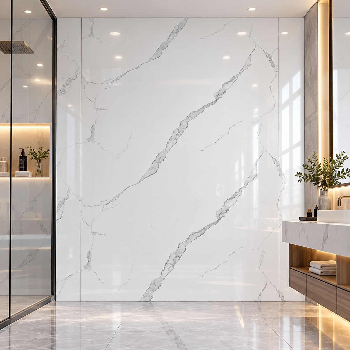 White Marble PVC Wall Panel 4x8 FT – Grey Vein Designs-Easy to cut & install .Waterproof fireproof and glossy finish Use for shower bathroom and Home Interior Wall Decoration etc. ( contact us for price and shipping)