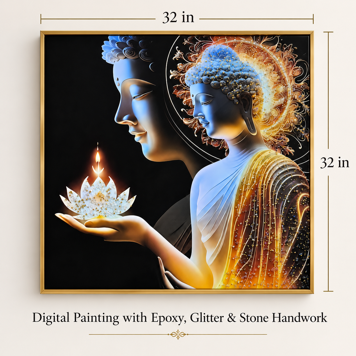 Buddha Lotus Wall Art – Epoxy & Glitter Framed Painting | 32 x 32 in