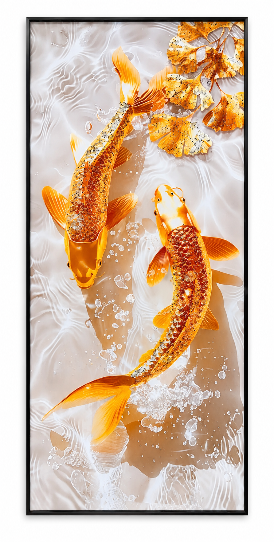 Golden Koi Fish Wall Art – Epoxy & Glitter Framed Painting | 28 x 55 in