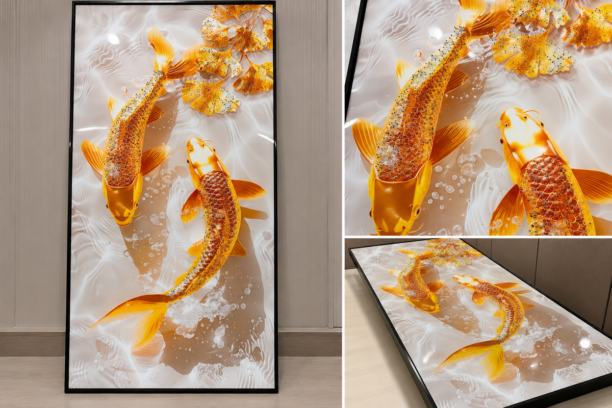 Golden Koi Fish Wall Art – Epoxy & Glitter Framed Painting | 28 x 55 in