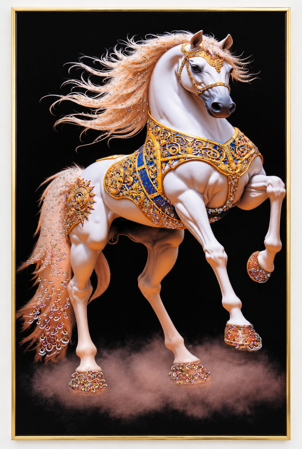 Royal White Horse Wall Art – Epoxy & Glitter Framed Painting | 32 x 47.5 in