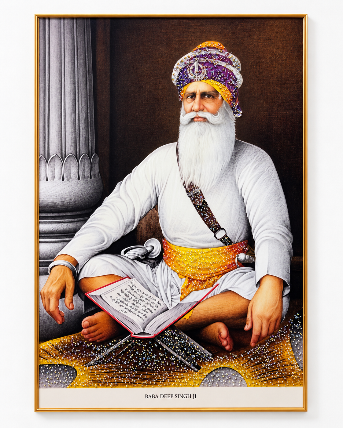 Baba Deep Singh Ji Wall Art – Epoxy & Glitter Framed Painting | 32 x 47.5 in