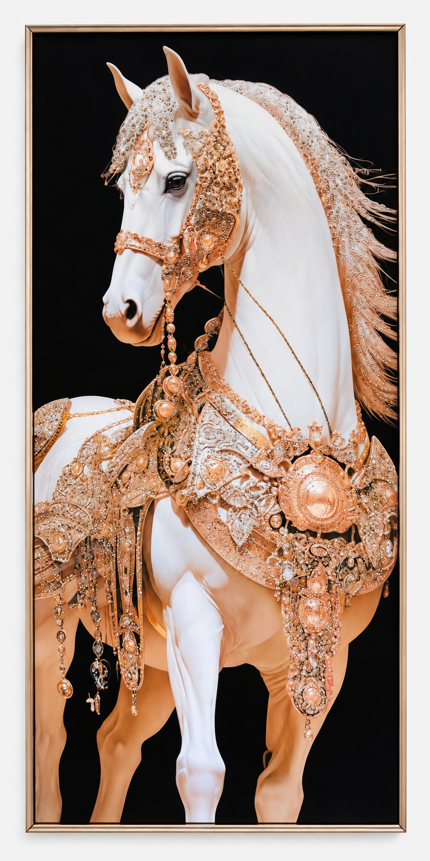 Grand Royal White Horse Wall Art – Epoxy & Glitter Framed Painting | 35.5 x 71 in