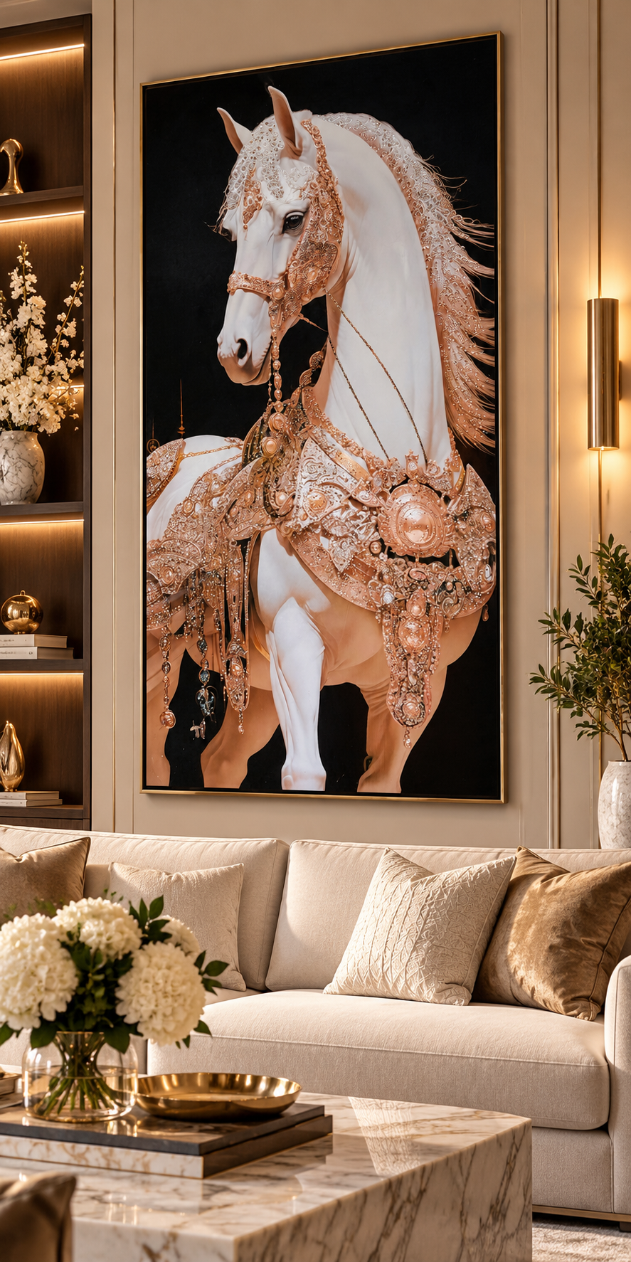 Grand Royal White Horse Wall Art – Epoxy & Glitter Framed Painting | 35.5 x 71 in
