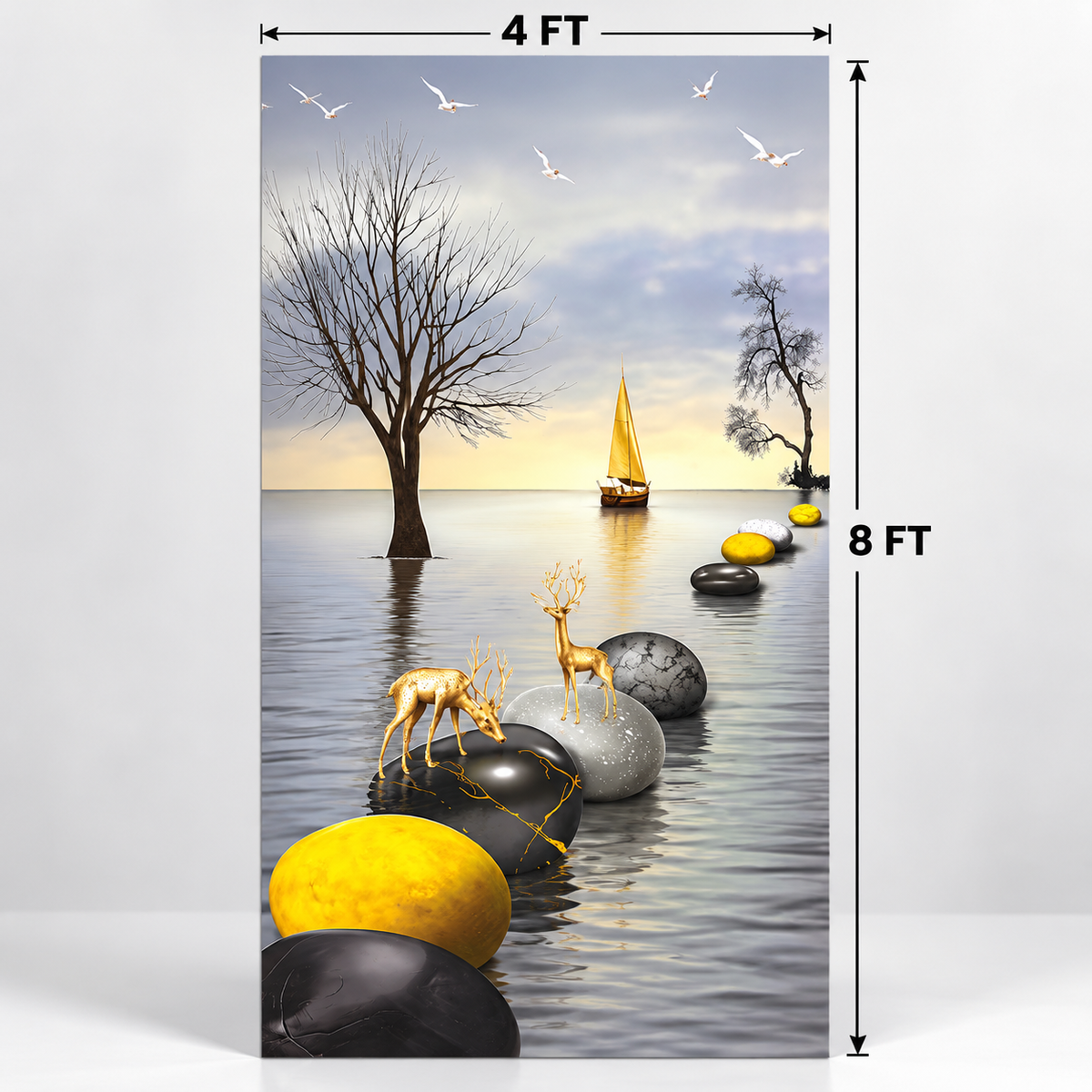 4 ft by 8 ft Golden Deer decorative PVC wall sheet featuring golden deer, trees, sailboat and grey water landscape.