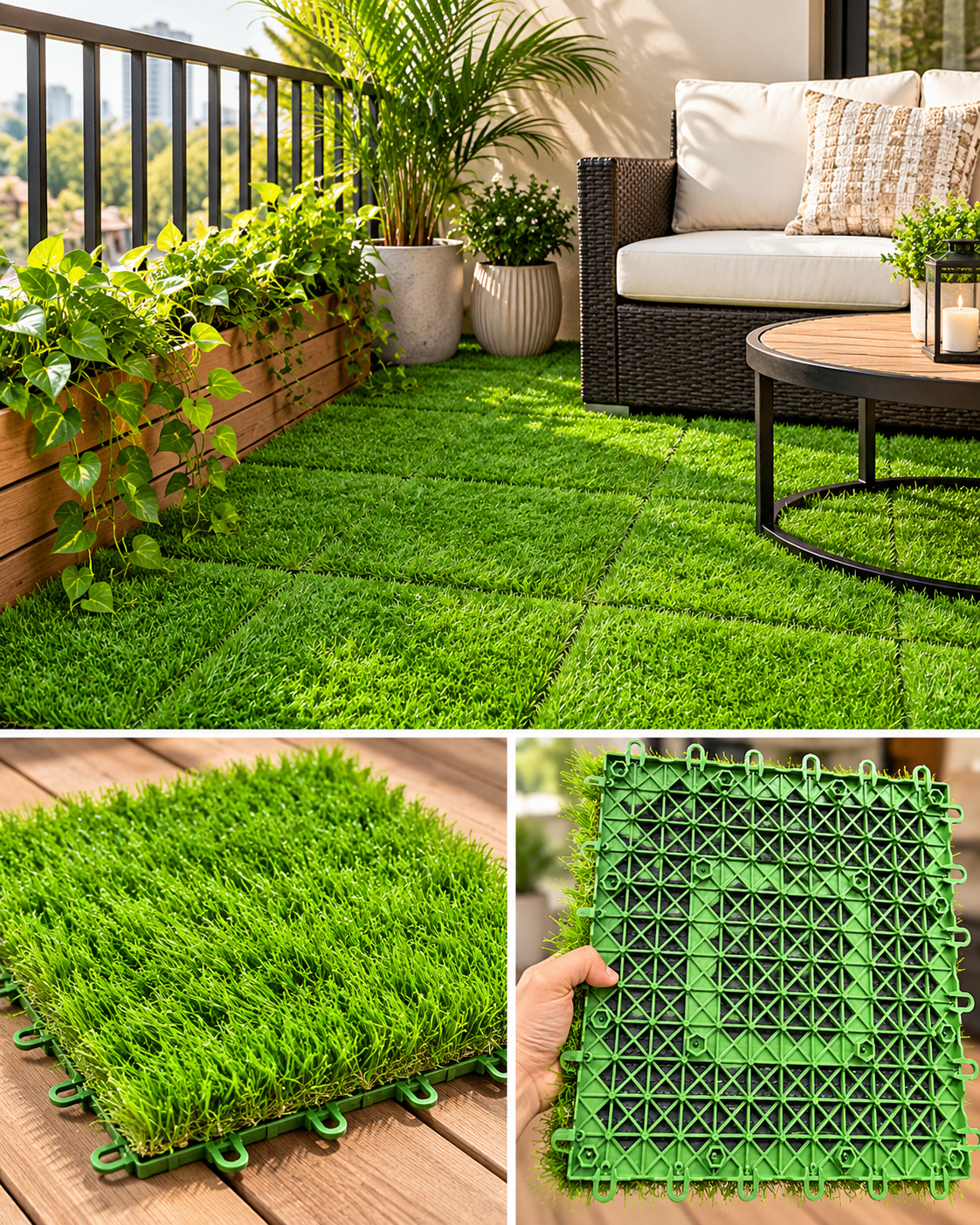 Green artificial grass turf tiles installed on a modern balcony patio with outdoor furniture, showing 12 x 12 inch interlocking grass flooring.