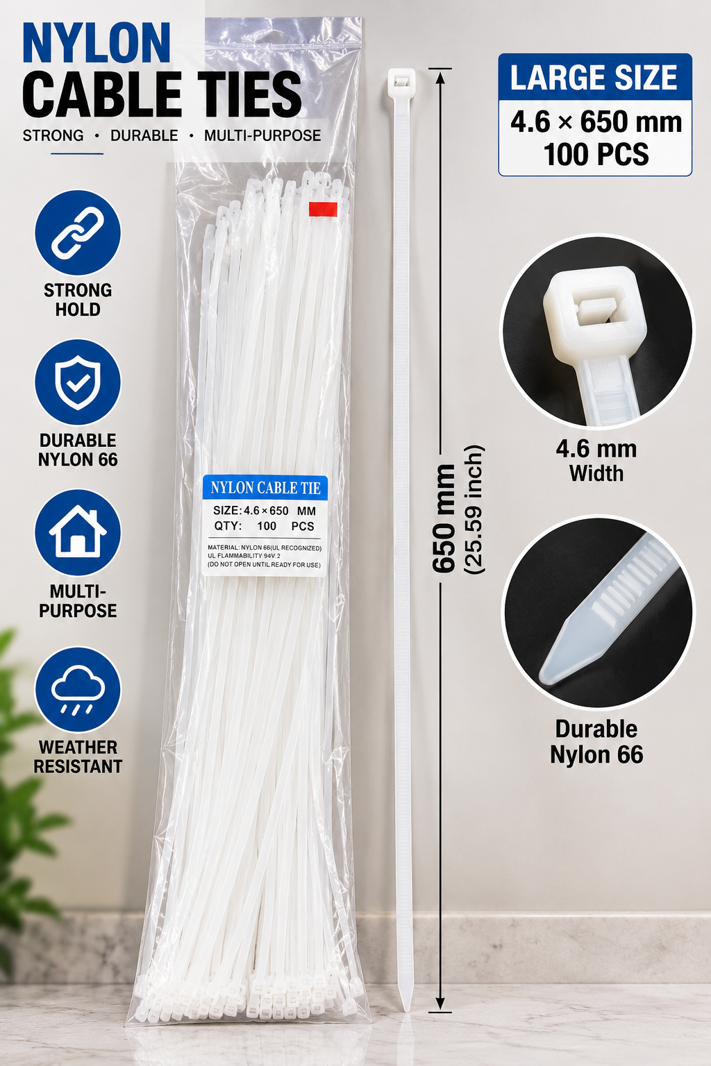 Extra-long white Nylon 66 cable ties, 4.6 mm wide x 650 mm long, 100 pieces per pack, showing locking head, durable design and length measurement.