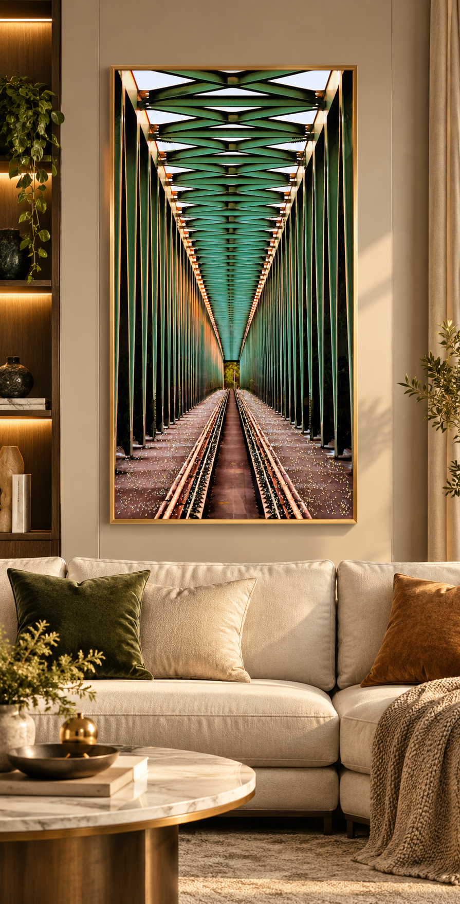 Large framed railway track bridge artwork displayed above a sofa in a modern living room, featuring 5D epoxy and glitter finish.