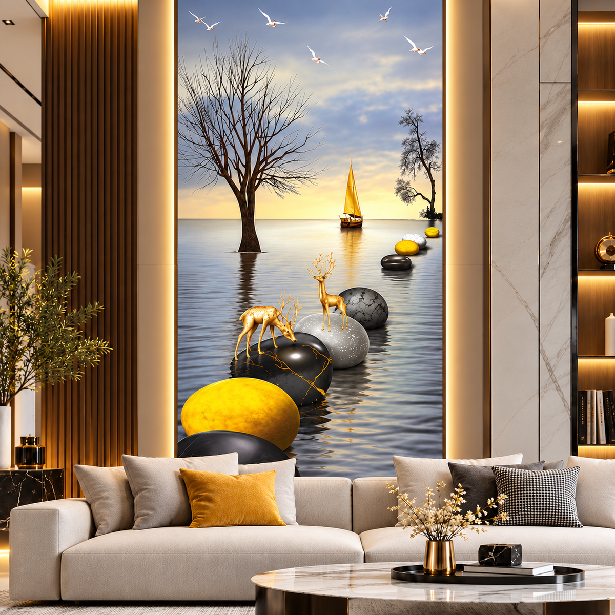 Golden Deer scenic 4x8 PVC wall panel installed vertically in a luxury living room with grey and gold nature design.
