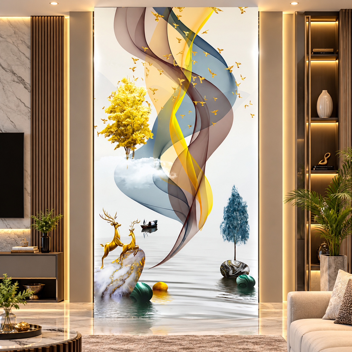 Golden Deer Abstract PVC wall panel installed vertically in a modern living room featuring gold, blue and white decorative artwork.