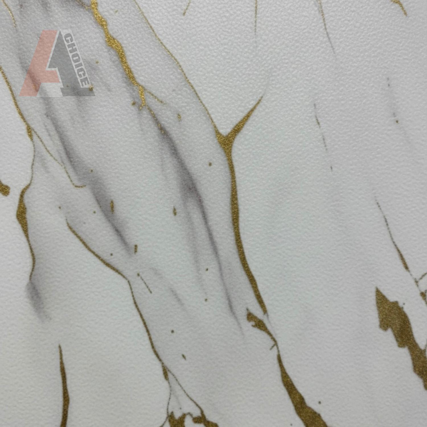 Close-up of a textured PVC Marble Sheet with gold accent