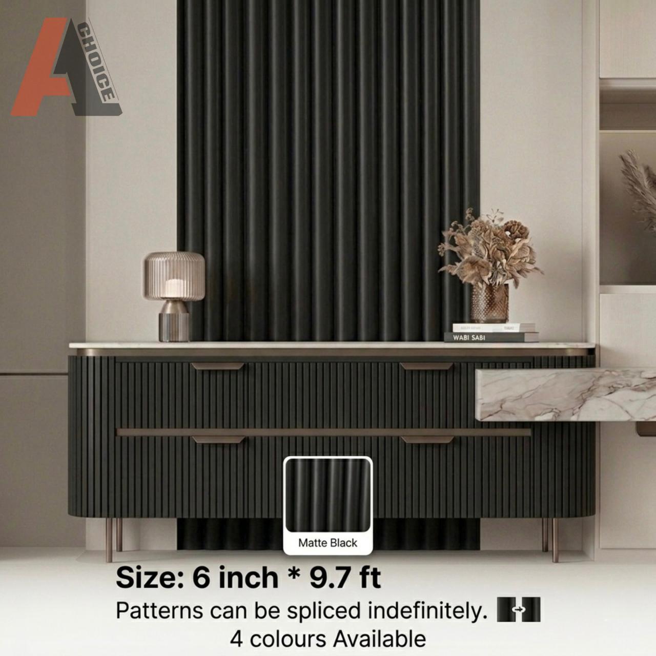 Matte Black Tambour Style WPC slat wall panel inastalled on a wall 