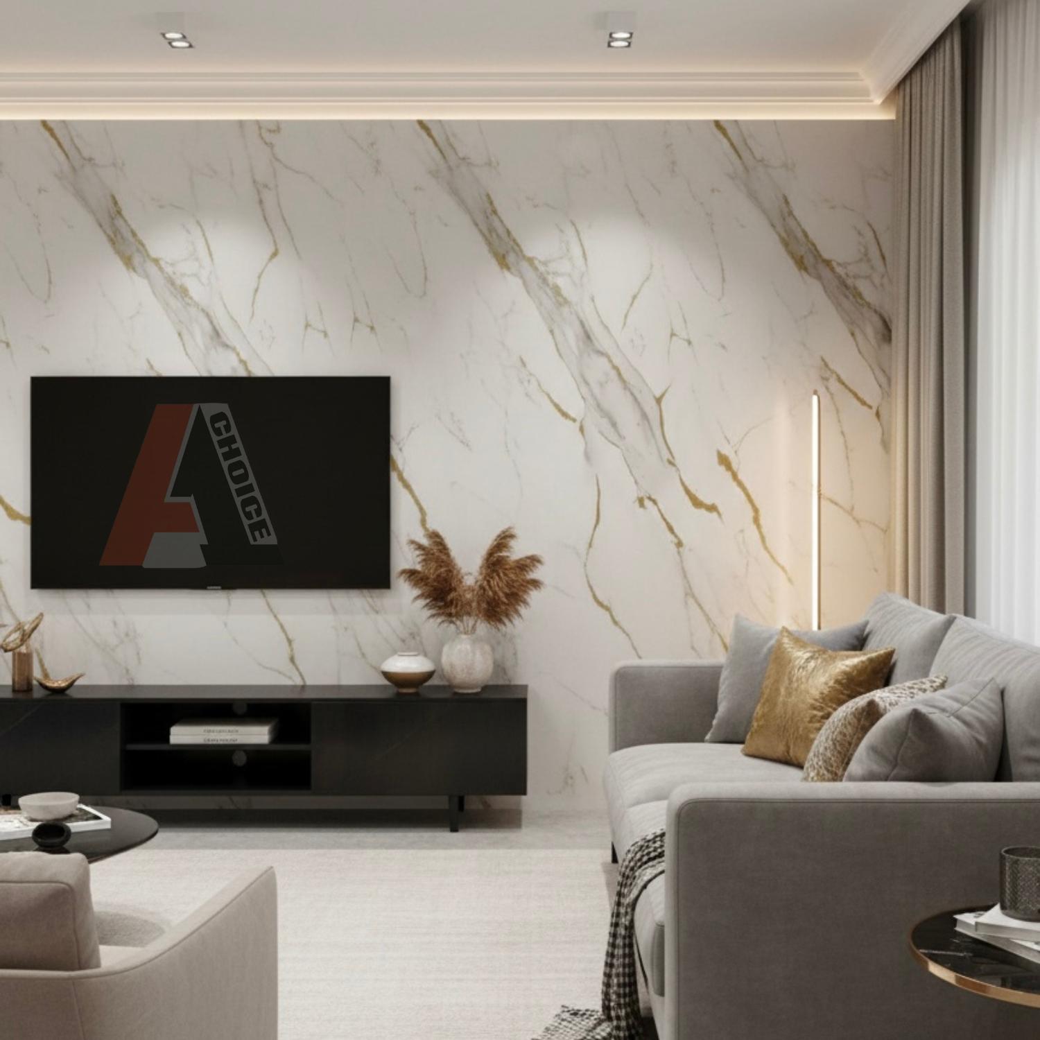 Matte PVC Marble Sheet with gold veins  installed in a living room 