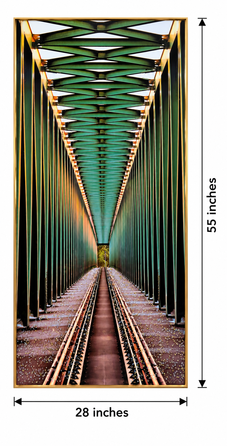 Railway track bridge wall art with gold frame, showing 55-inch height and 28-inch width with measurement scale.