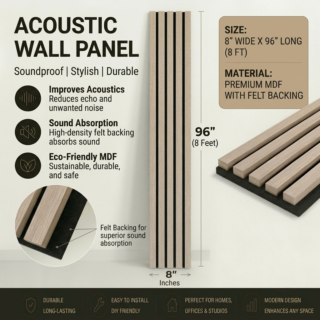 Natural Oak Acoustic wall panel with dimensions, material, and features on a white background